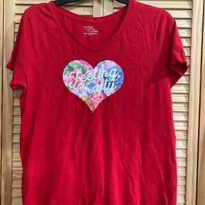 Time and Tru Red V-Neck T-Shirt with Heart Graphic